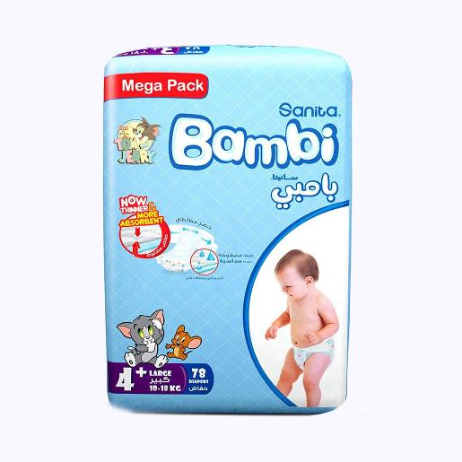 Bambi Baby Diapers Mega Pack Size 4+ Large+ 10-18Kg 78Count