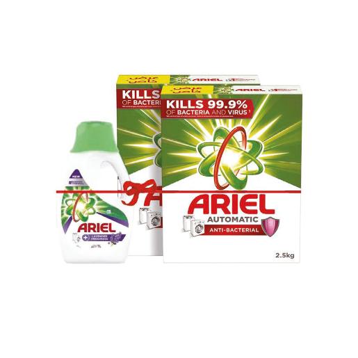 Ariel Washing Powder Antibacterial Front Load 2.5kg 2's + Liquid Gel Lavender 1L
