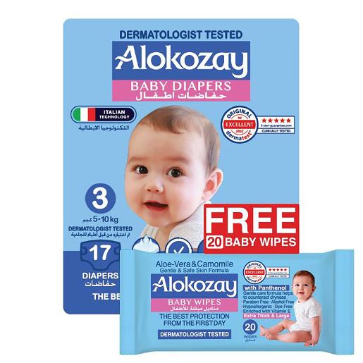 Alokozay Baby Diaper Size 3 5-10kg 17pcs + 20 Wipes
