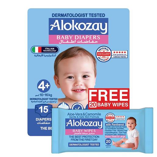 Alokozay Baby Diaper Size4+ 10-16kg 15pcs + 20 Wipe
