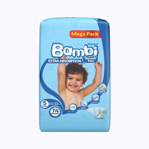 Bambi Baby Diapers Mega Pack Size 5 X-Large 12-22Kg 74Count